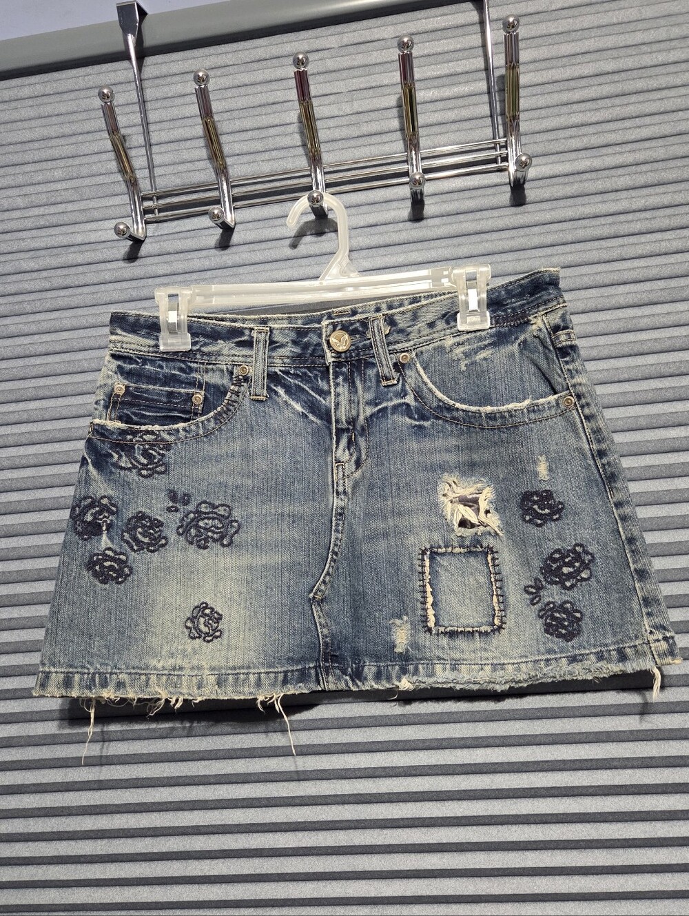 Denim Mini Skirt with Embroidered Rose Accents - Blue